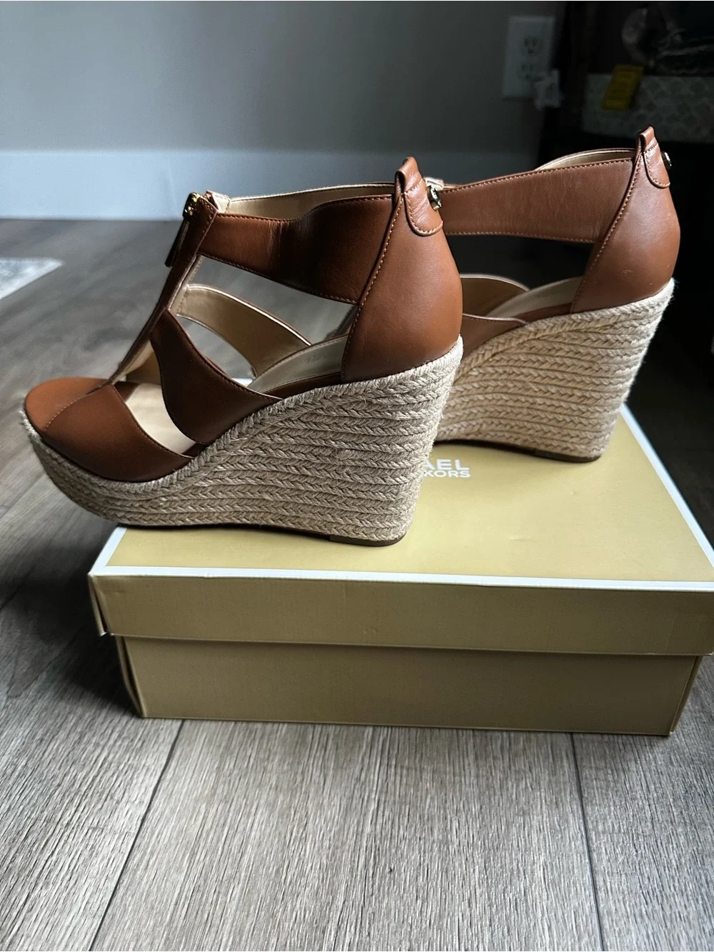 Michael Kors Tan Brown Leather Zip-Front Espadrille Wedge Sandals